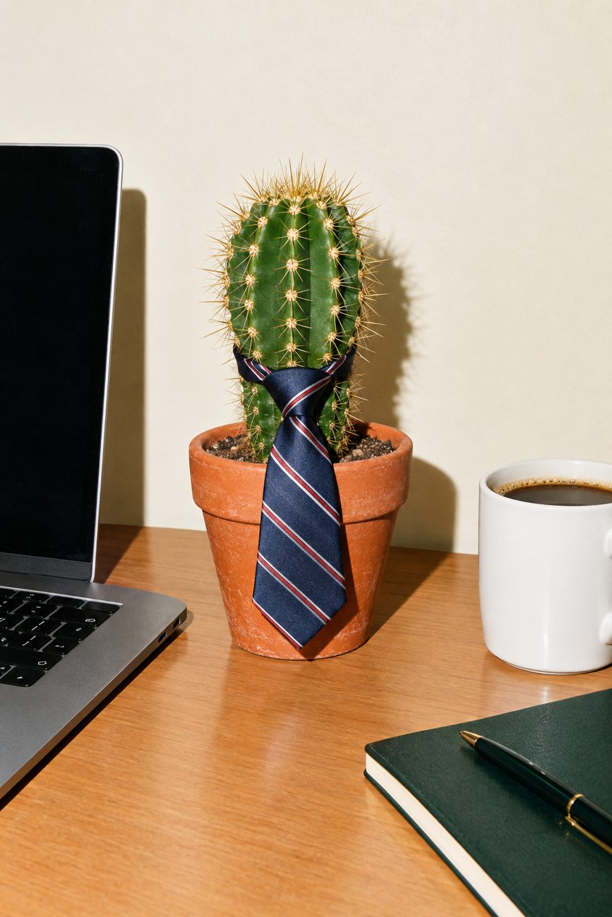 Home Page (new) 4 A cactus in a terracotta pot wearing a silk business tie on an office desk