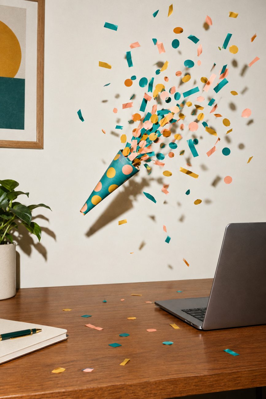 A party popper bursting confetti over an office desk