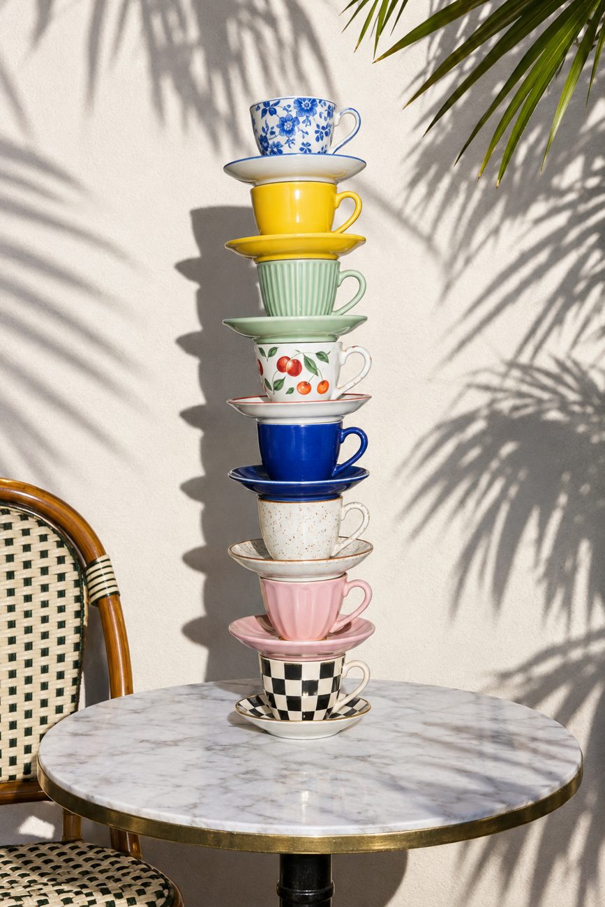 Home Page (new) 9 A precarious tower of mismatched coffee cups balanced on a marble café table