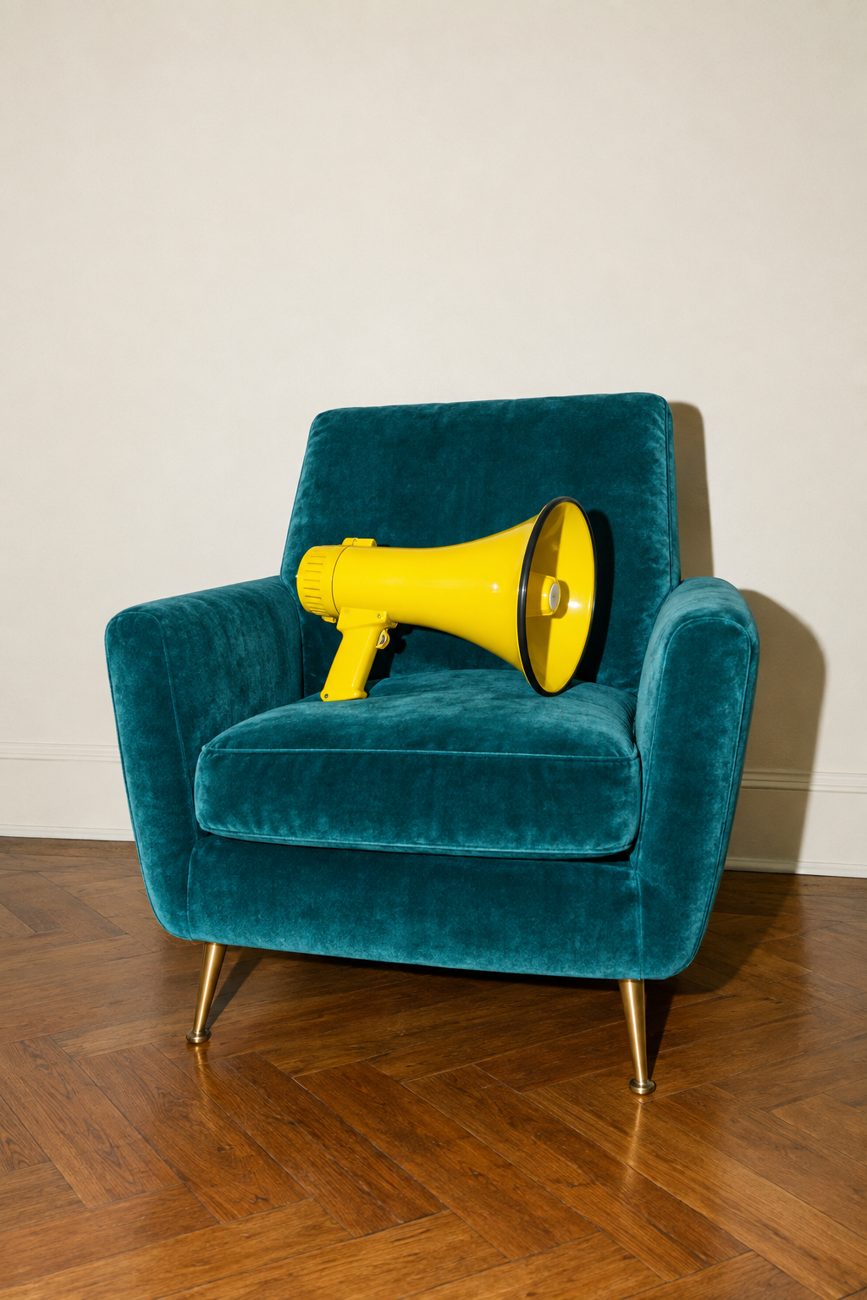 Home Page (new) 10 A yellow megaphone sitting on a teal velvet armchair