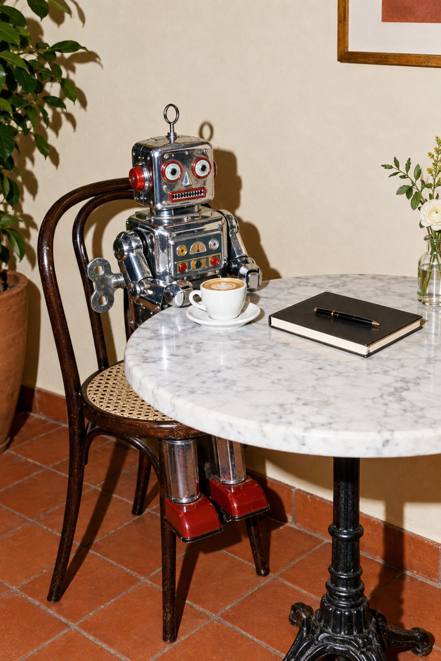 Home Page (new) 8 A retro toy robot sitting at a café table with a flat white, as if in a meeting
