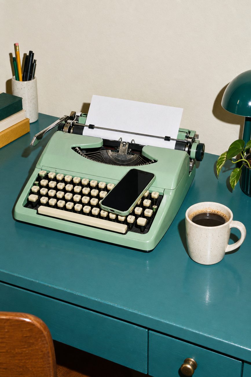A vintage typewriter and a smartphone side by side on a desk